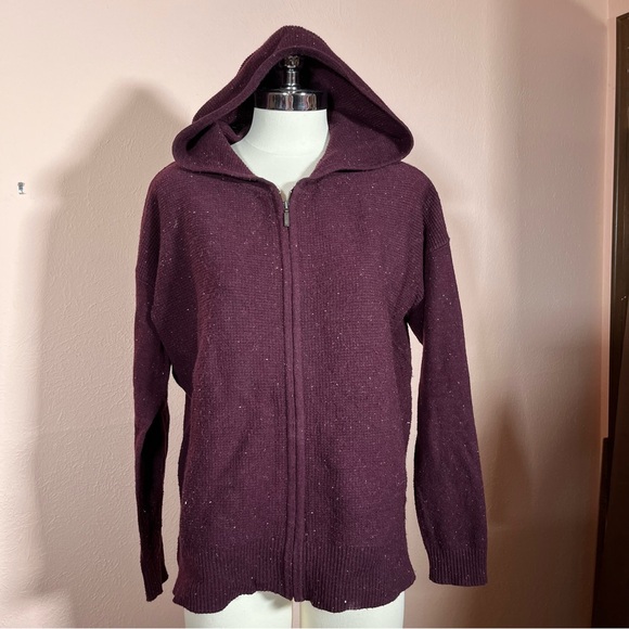 C&C California Burgundy Plum Purple red Wool hooded zip front Cardigan Sweater - Picture 10 of 15